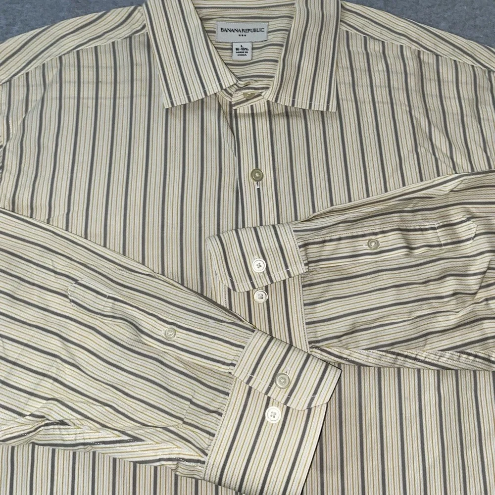 Banana Republic Button Up Shirt Men's L 16-16.5 Yellow Gray‎ Stripe Long Sleeve